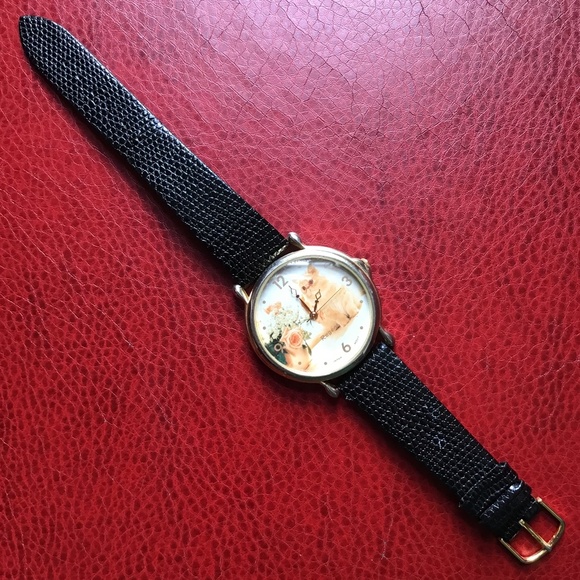 Vintage Regent Watch Cat Flowers Gold Tone Black Leather Wristband Analog Dial - Picture 5 of 16